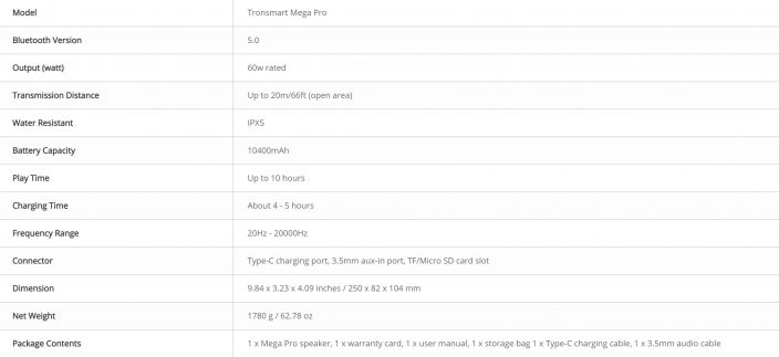 specificaties tronsmart mega pro